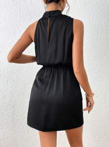 SHEIN Privé Solid Knot Side Halter Neck Satin Dress - Black - View 2