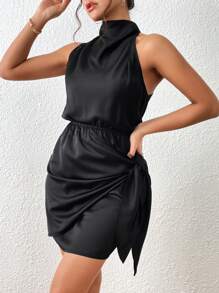 SHEIN Privé Solid Knot Side Halter Neck Satin Dress - Black - View 4