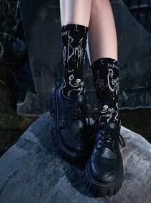 Corpse Bride | ROMWE 1雙女士骷髏圖案時尚中筒襪 - 黑色 - 查看 3