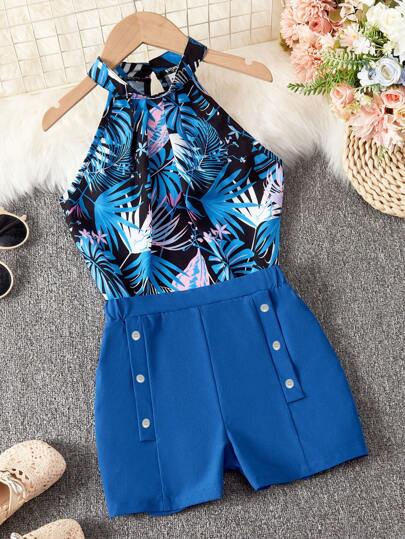 SHEIN Chicas Top halter con estampado tropical & Shorts