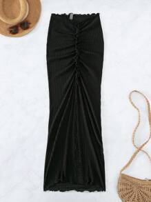 Swim Vcay 褶邊木耳邊高衩沙灘纏腰式半身裙 - 黑色 - 查看 4