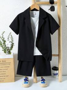 SHEIN 男孩素色西裝領襯衫和短褲不帶T恤 - 黑色 - 查看 1