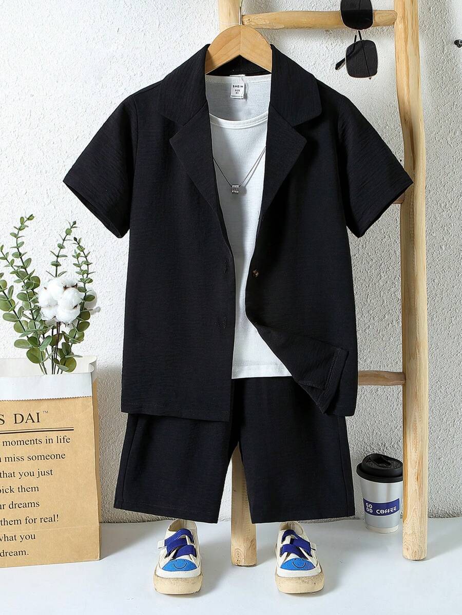 SHEIN 男孩素色西裝領襯衫和短褲不帶T恤 - 黑色 - 查看 1