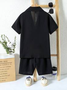SHEIN 男孩素色西裝領襯衫和短褲不帶T恤 - 黑色 - 查看 2