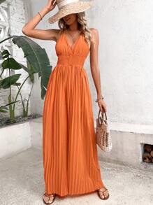 Breezaya Áo liền quần nữ Lộ Lưng Buộc lại Dải chun màu trơn Boho - trái cam - Xem 5