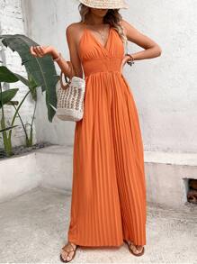 Breezaya Áo liền quần nữ Lộ Lưng Buộc lại Dải chun màu trơn Boho - trái cam - Xem 7