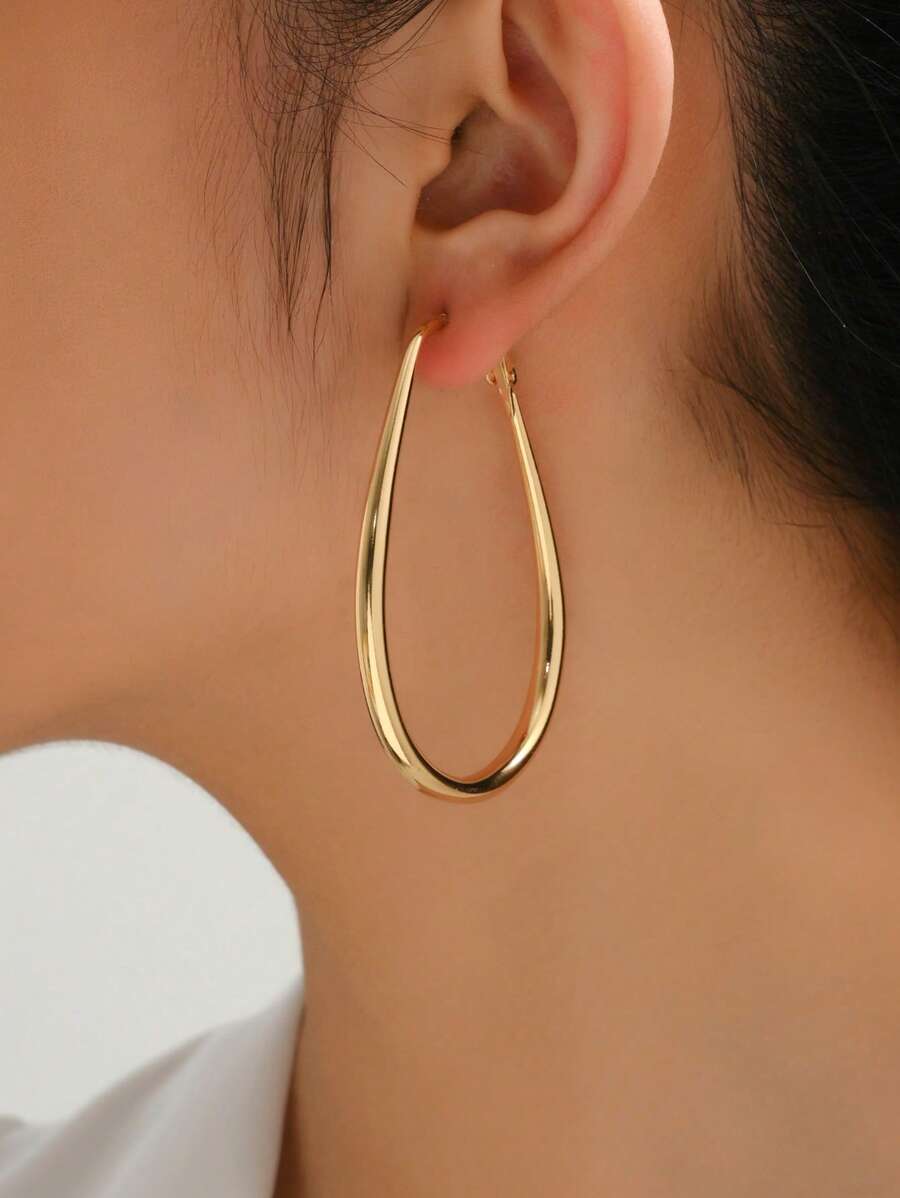1pair Oval Teardrop Shaped Glossy Hoop Earrings - Yellow Gold - View 1