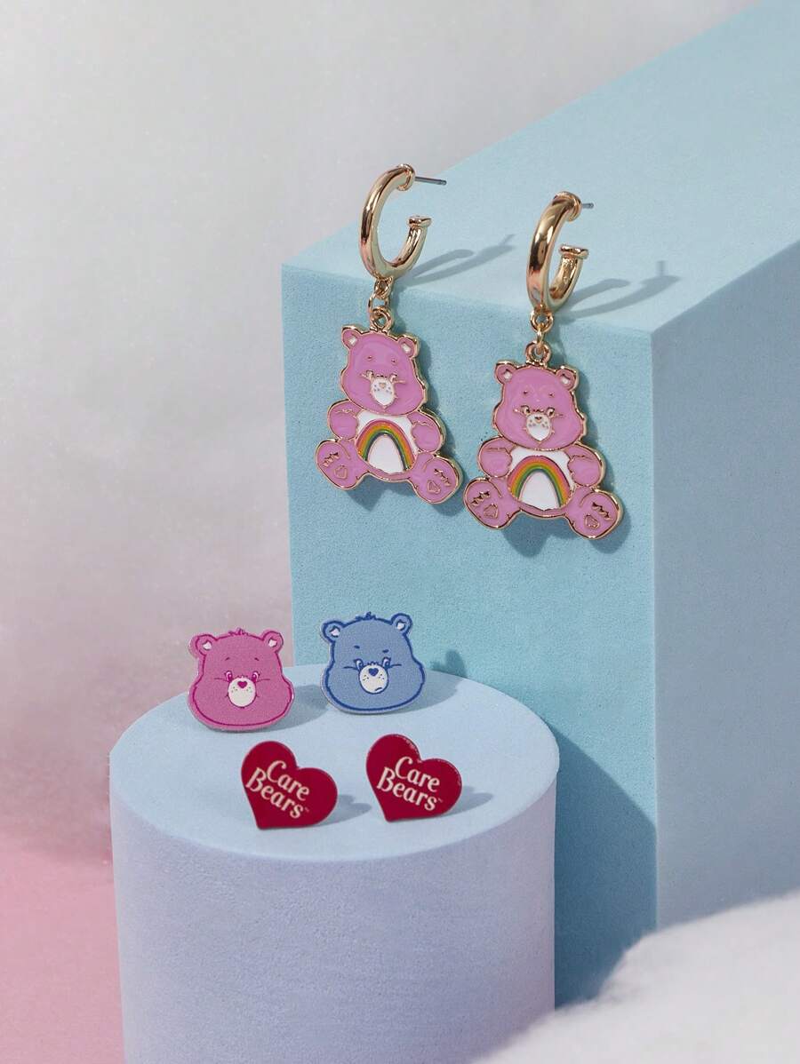 SHEIN X Care Bears 3 đôi bông tai trang trí gấu & trái tim - Nhiều màu - Xem 1