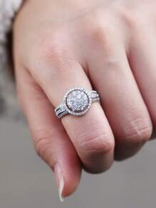 1入組魅力四射圓形方晶鋯石單戒指適合女士適合婚禮訂婚首飾類情人節禮品 - 銀色 - 查看 3