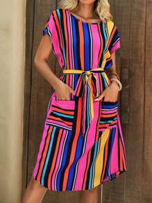 SHEIN VCAY Striped Print Batwing Sleeve Belted Dress - Multicolor - View 2
