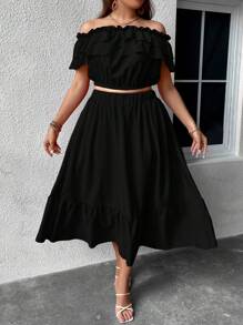 SHEIN Holidaya de hombros descubiertos ribete con fruncido Top crop & Falda - Negro - Ver 5