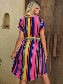 SHEIN VCAY Striped Print Batwing Sleeve Belted Dress - Multicolor - View 3
