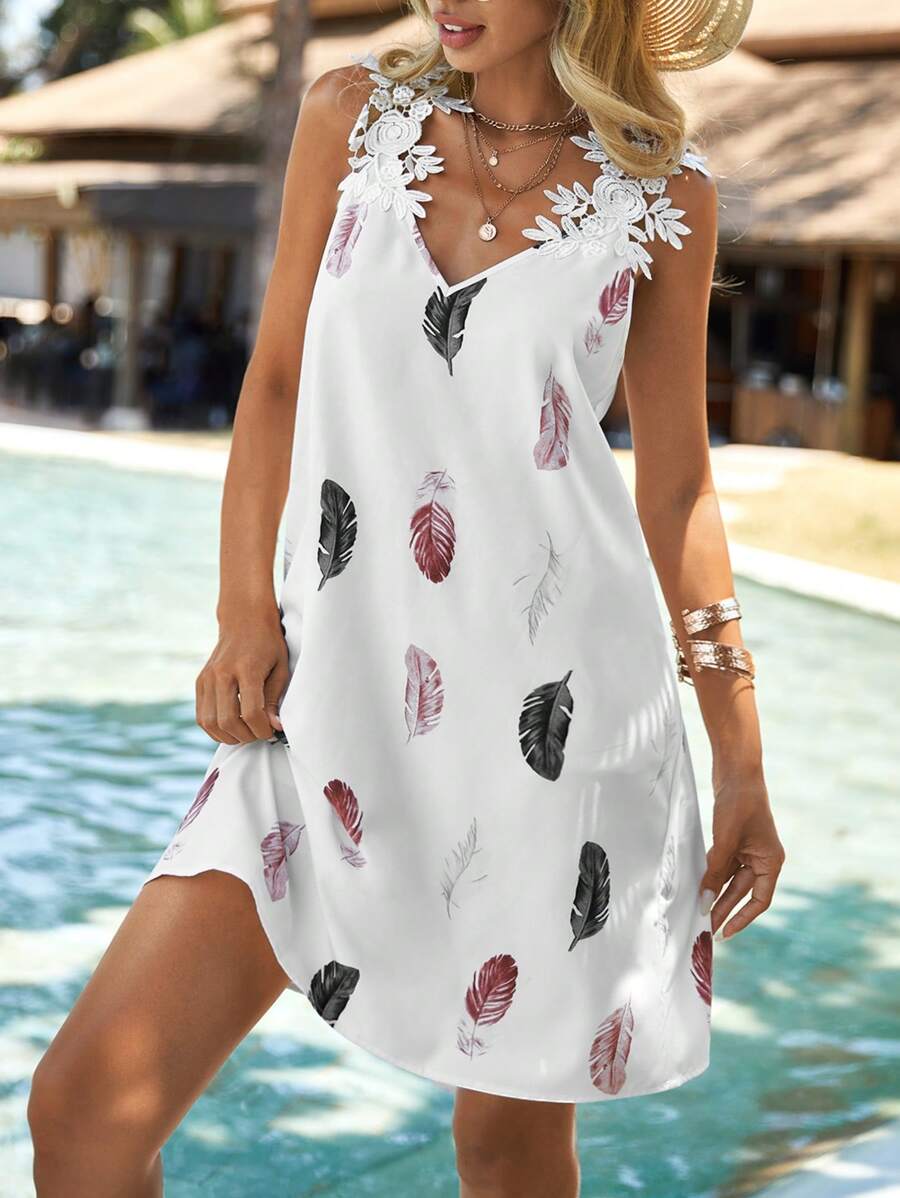 SHEIN VCAY Feather Print Guipure Lace Panel Dress - White - View 1