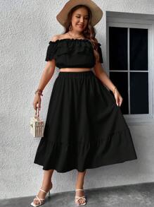 SHEIN Holidaya de hombros descubiertos ribete con fruncido Top crop & Falda - Negro - Ver 7