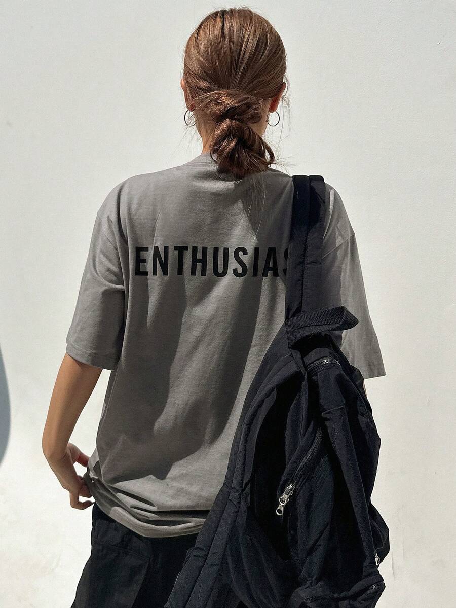 DAZY Letter Graphic Drop Shoulder Tee - Grey - View 1