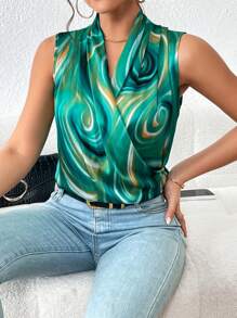SHEIN Privé Allover Print Surplice Collar Sleeveless Blouse - Green - View 3