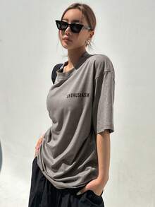 DAZY Letter Graphic Drop Shoulder Tee - Grey - View 3