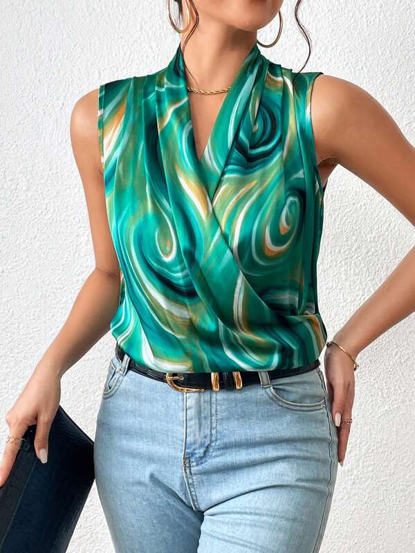 SHEIN Privé Allover Print Surplice Collar Sleeveless Blouse