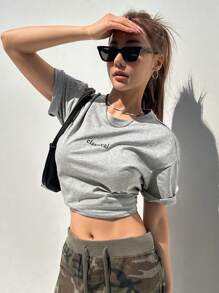 DAZY 字母圖案落肩T恤 - 淺灰色 - 查看 6