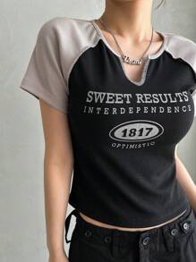 DAZY Letter Graphic Contrast Raglan Sleeve Notched Neck Tee,Crop Tops Women - Black - View 8