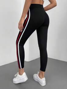 Cottnline Contrast Striped Side Leggings - Black - View 2