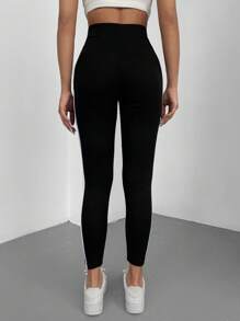 Cottnline Contrast Striped Side Leggings - Black - View 3