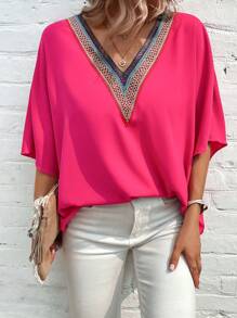 SHEIN VCAY Blusa con encaje en contraste de manga murciélago - Rosa Fucsia - Ver 2
