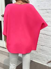 SHEIN VCAY Blusa con encaje en contraste de manga murciélago - Rosa Fucsia - Ver 3