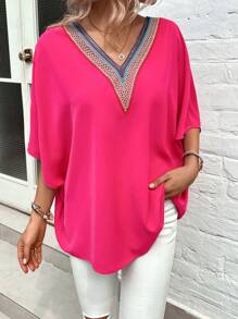 SHEIN VCAY Blusa con encaje en contraste de manga murciélago - Rosa Fucsia - Ver 4