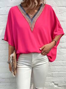 SHEIN VCAY Blusa con encaje en contraste de manga murciélago - Rosa Fucsia - Ver 1