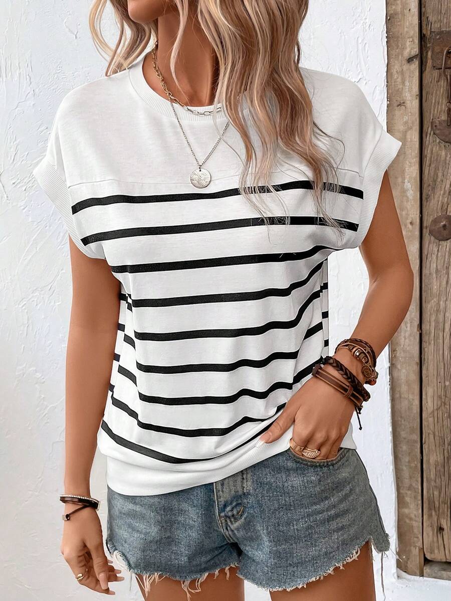 SHEIN LUNE Striped Batwing Sleeve Sweatshirt - Black and White - View 1
