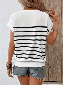 SHEIN LUNE Striped Batwing Sleeve Sweatshirt - Black and White - View 2