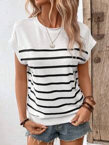 SHEIN LUNE Striped Batwing Sleeve Sweatshirt - Black and White - View 3