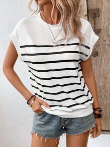 SHEIN LUNE Striped Batwing Sleeve Sweatshirt - Black and White - View 4