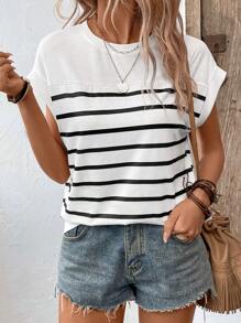 SHEIN LUNE Striped Batwing Sleeve Sweatshirt - Black and White - View 5