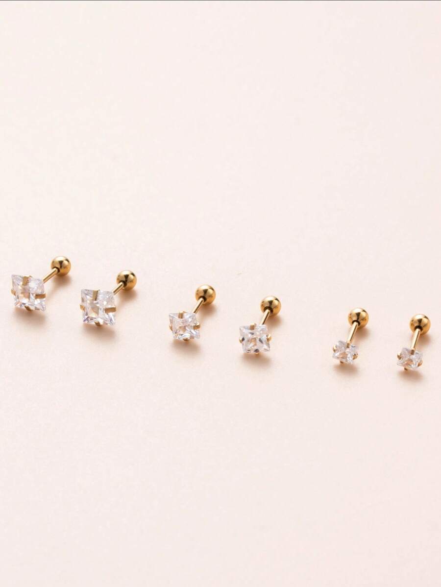 1對3MM時尚簡約風正方形方晶鋯石不銹鋼耳蝸穿孔耳環 - 金黃色 - 查看 1