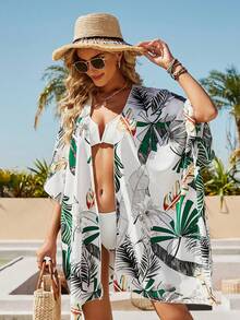 Tropical Print Batwing Sleeve Kimono - White - View 5