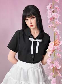 ROMWE J-Fashion Solid Button Front Shirt - Black - View 1