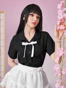 ROMWE J-Fashion Solid Button Front Shirt - Black - View 5