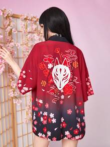 ROMWE J-Fashion 花卉和卡通圖案落肩袖和服罩衫 - 紅色 - 查看 1