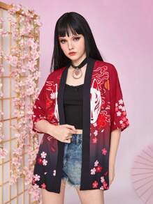 ROMWE J-Fashion 花卉和卡通圖案落肩袖和服罩衫 - 紅色 - 查看 3