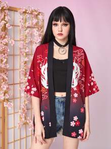 ROMWE J-Fashion 花卉和卡通圖案落肩袖和服罩衫 - 紅色 - 查看 4