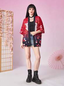 ROMWE J-Fashion 花卉和卡通圖案落肩袖和服罩衫 - 紅色 - 查看 5