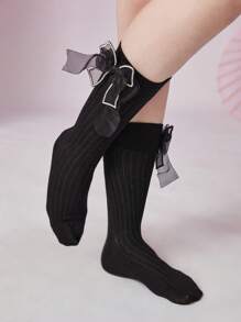 ROMWE Kawaii 1pair Women Solid Rhinestone Bow Decor Sweet Style Over the Calf Socks - Black - View 1