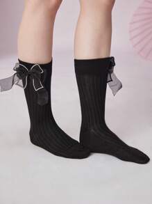 ROMWE Kawaii 1pair Women Solid Rhinestone Bow Decor Sweet Style Over the Calf Socks - Black - View 2