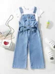 Toddler Girl Quần yếm & Áo liền quần Denim Thắt lưng Túi Nút phía trước màu trơn Giải trí - Rửa nhẹ - Xem 1