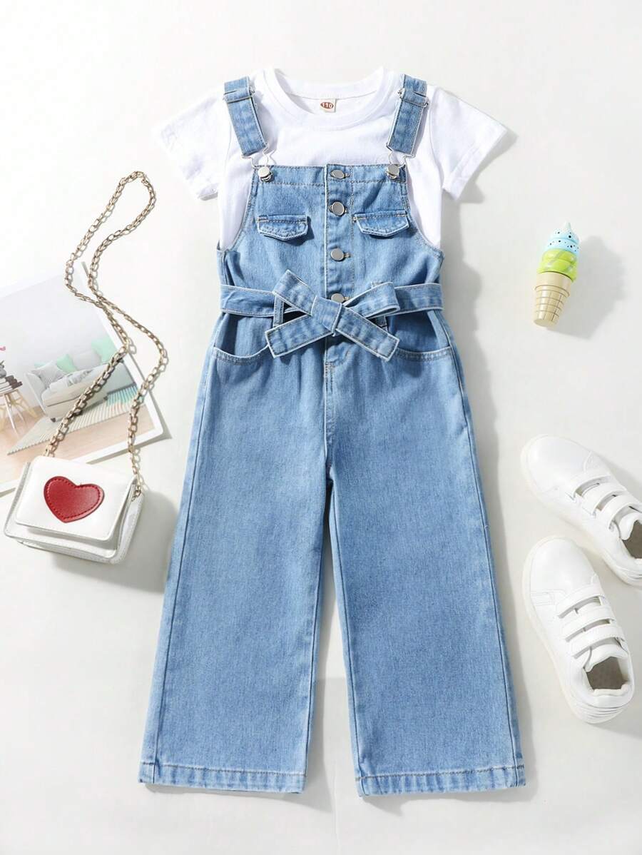 Toddler Girl Quần yếm & Áo liền quần Denim Thắt lưng Túi Nút phía trước màu trơn Giải trí - Rửa nhẹ - Xem 1