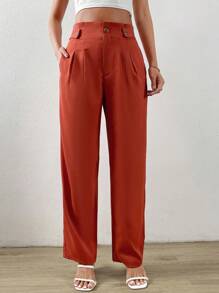 SHEIN LUNE Women Suit Pants Nút Túi Uốn nếp màu trơn - trái cam - Xem 4