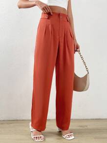 SHEIN LUNE Women Suit Pants Nút Túi Uốn nếp màu trơn - trái cam - Xem 6