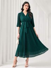 Modelyn Notch Neck Pleated Hem Belted Dress - Dark Green - View 4